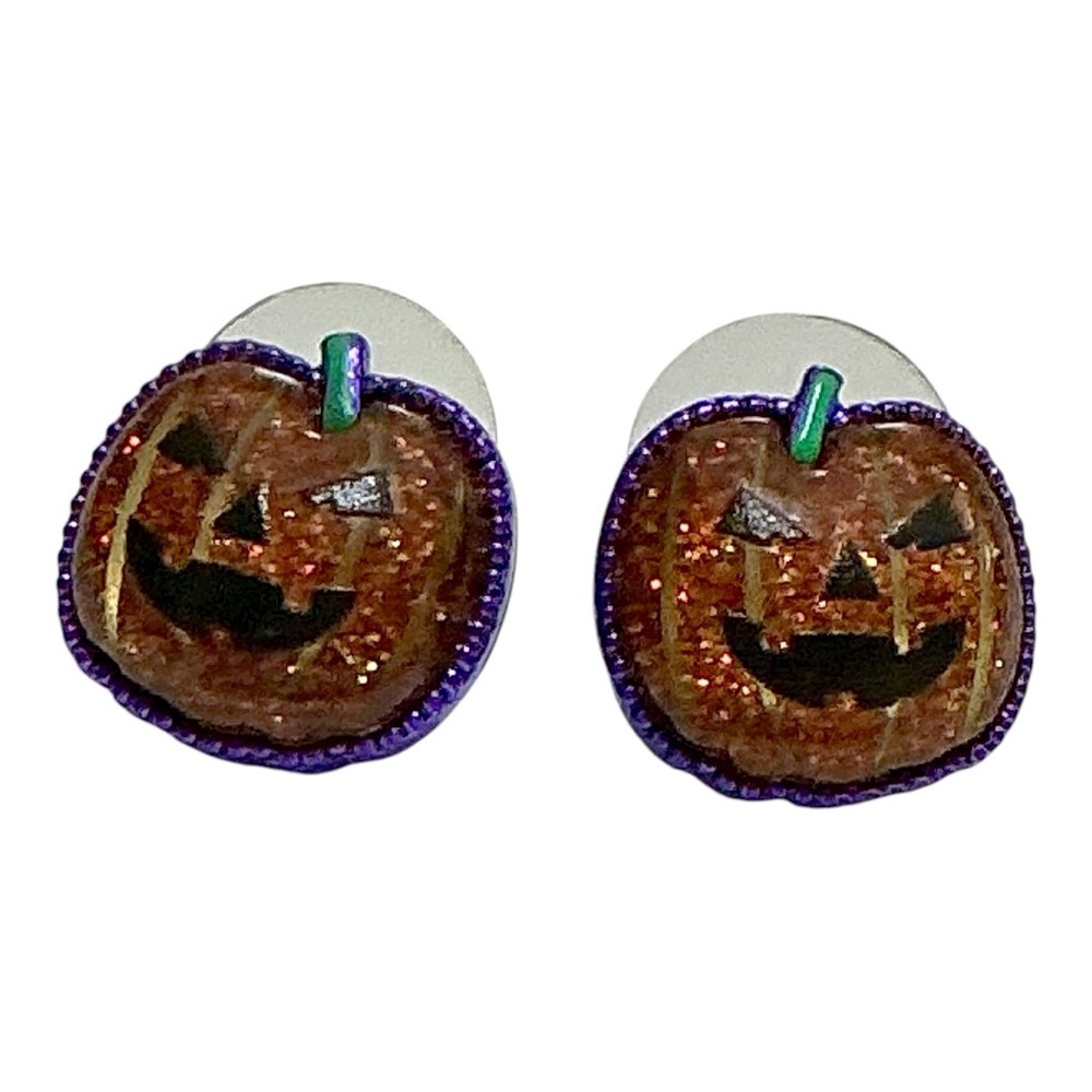 BETSY JOHNSON Halloween Jack-O-Lantern Pumpkin Face Orange Black Stud Earrings - Picture 3 of 13